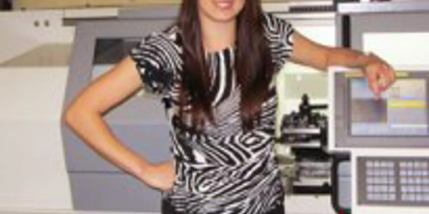 Joanne Zalesinski, 600 UK Educational Sales Representative with Harrison Alpha CNC lathe Joanne Zalesinski, 600 UK Educational Sales Representative with Harrison Alpha CNC lathe